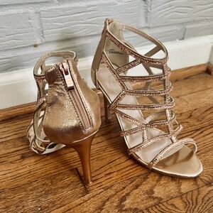 Italina rose gold rhinestone strappy heels, size 9.